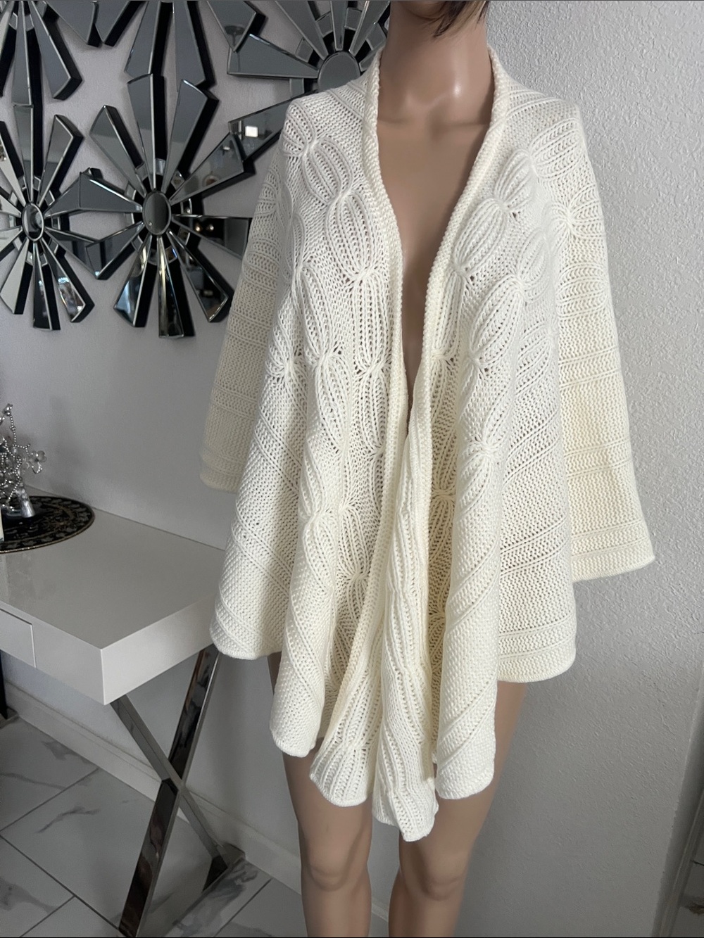 Merona Cream Cable-Knit Poncho with grey hat never worn, Length 150”X 19”